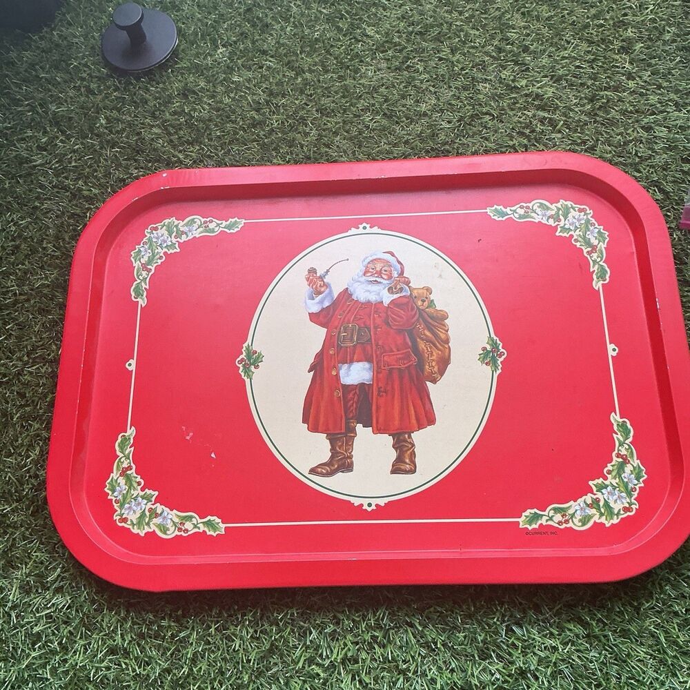 Vintage Current Inc Santa Christmas Serving Tray Red Metal 15.5” x 11.5”